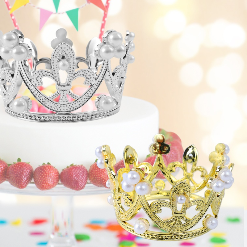 2 Pieces Gold Crown Cake Topper Princess Rhinestone Pearl Crown Decoration  For Wedding Birthday Cake Decoration