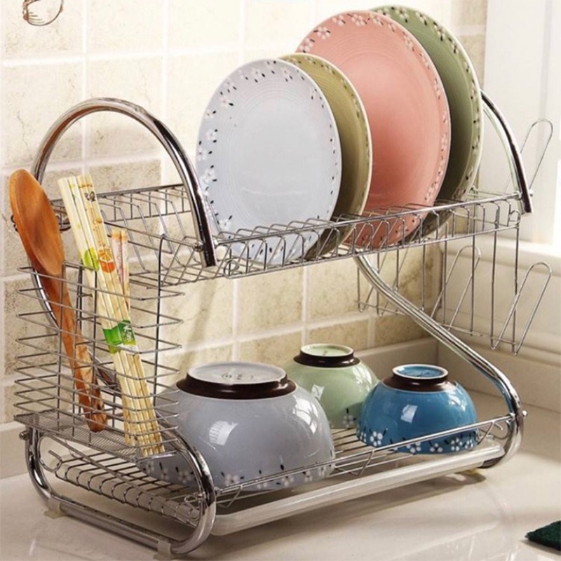 Kitchen Rack S Shape Two Layers Stainless Steel Dish Rack Set with Tray