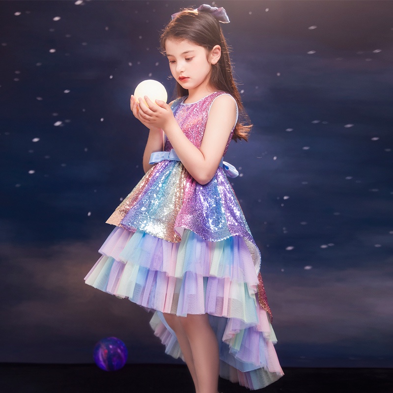 Girls Fantasy Sequin Princess Dress Kids Trailing Rainbow Color Dresses ...