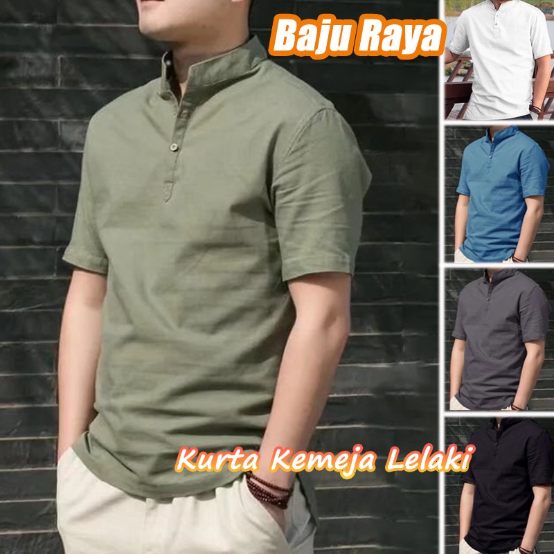 Raya Baju Kurta Lelaki Lengan Pendek Cotton Linen Men Polo Shirt Stand Collar Short Sleeve