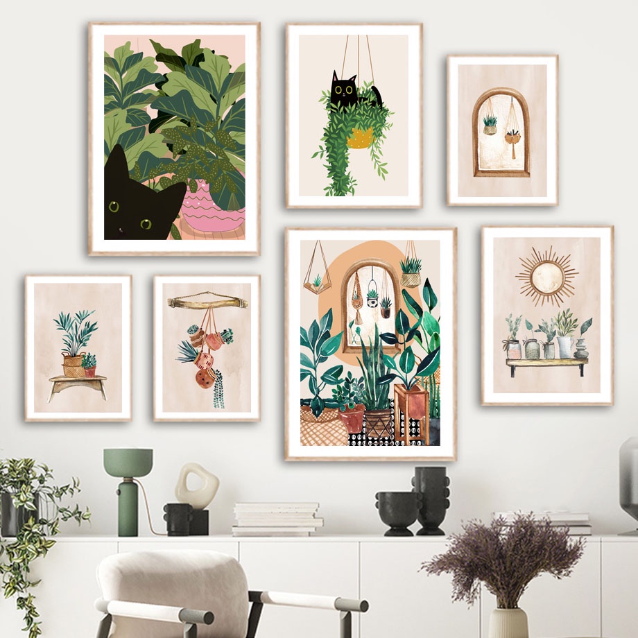 Botanic Leaves Plant Black Cat Boho Abstract Wall Art Canvas Painting ...