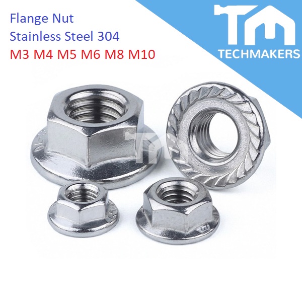 1pc of M3 M4 M5 M6 M8 M10 Flange Nut 304 Stainless Steel Hexagon Nut Screw DIN934 Anti-Skid TechMakers
