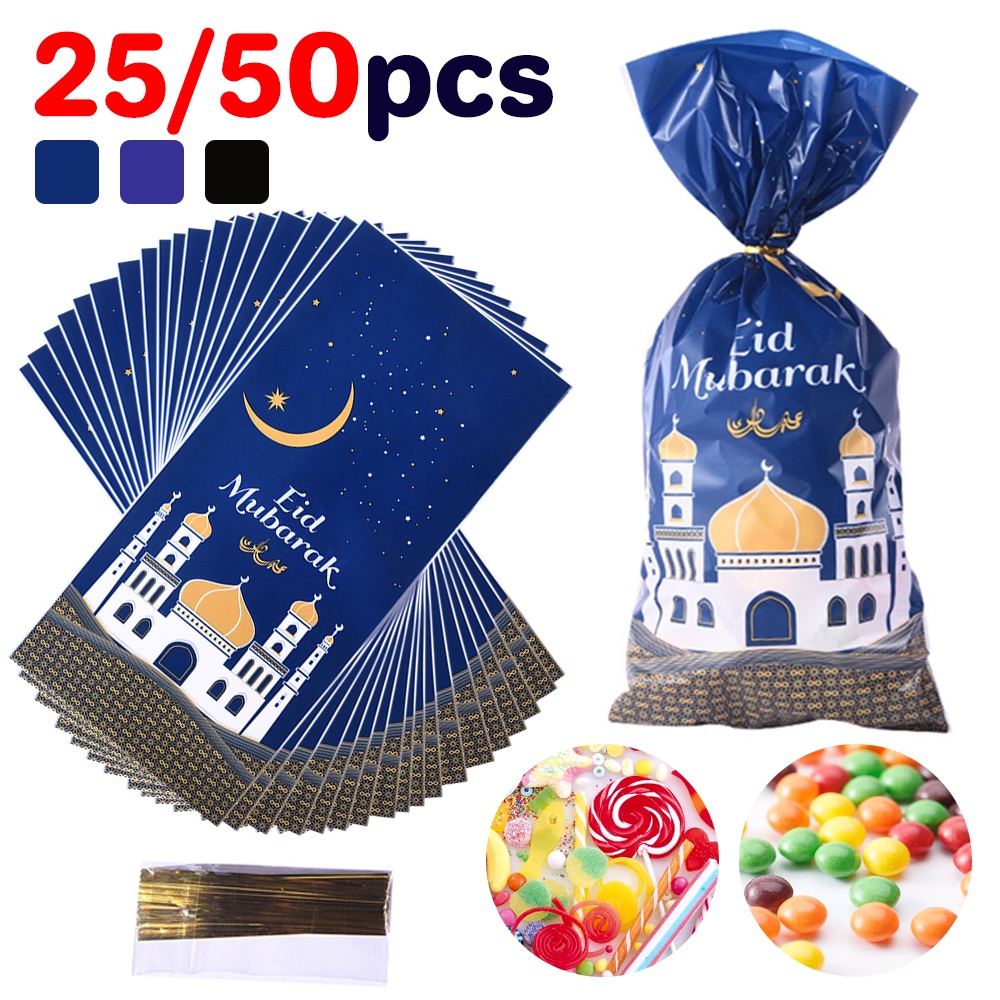Raya 2023 25/50pcs Eid Mubarak Gift Bags Plastic Candy Cookie Bag