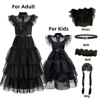 Wednesday Addams Cosplay Dress Women Girls Costumes Black Gothic Halloween  Party