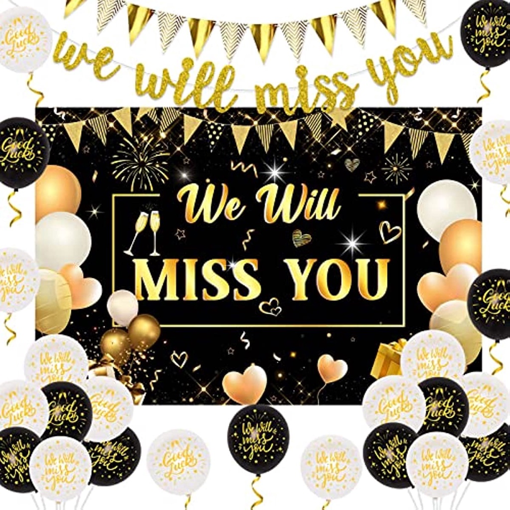 JOYMEMO We Will Miss You Decorations Black and Gold Backdrop Banner ...