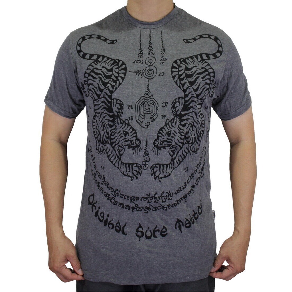 SURE Tiger Muay Thai T-Shirt Men Gray Amulet Sak Yant Tattoo KickBoxing ...
