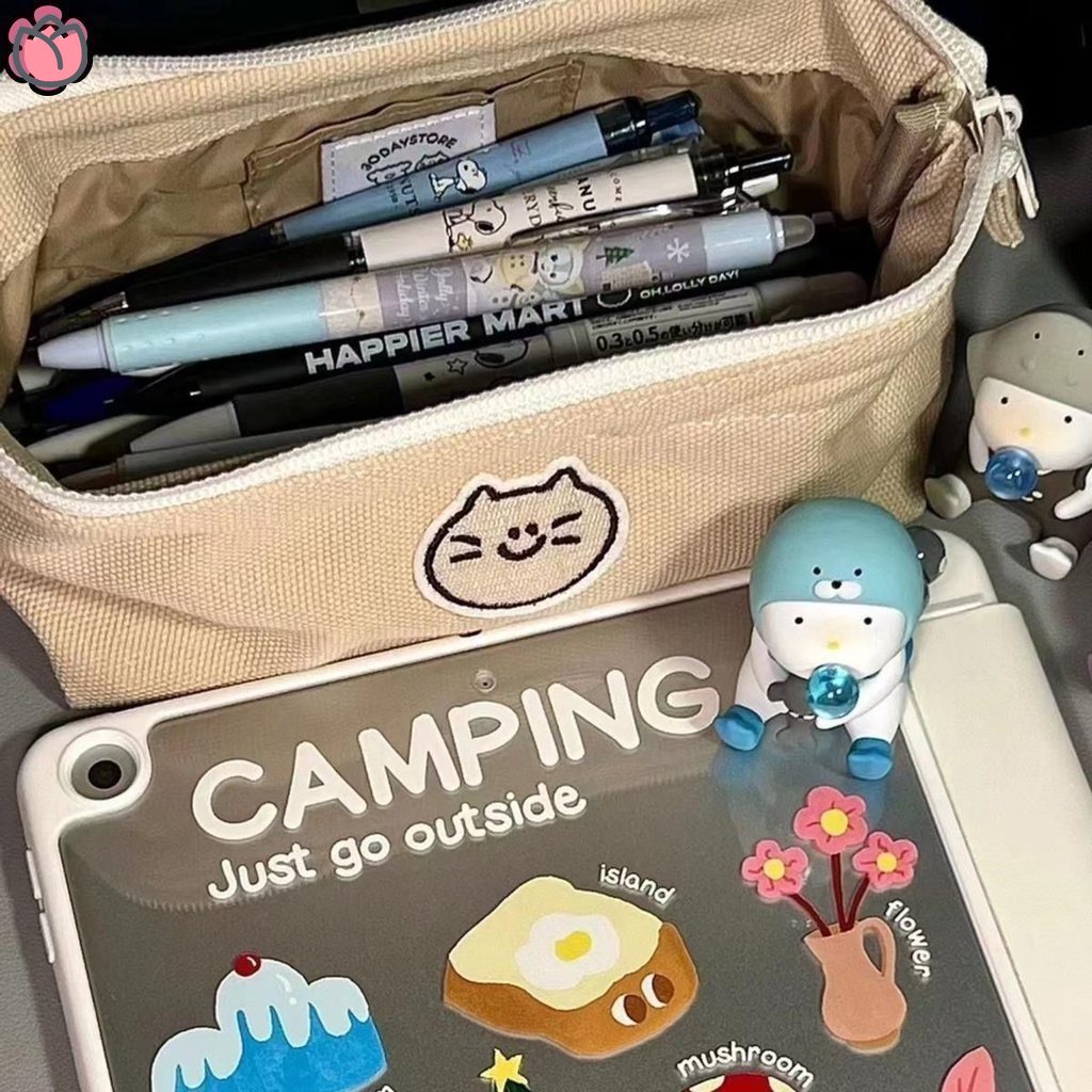 Cute embroidery Japanese canvas pencil case simple student large
