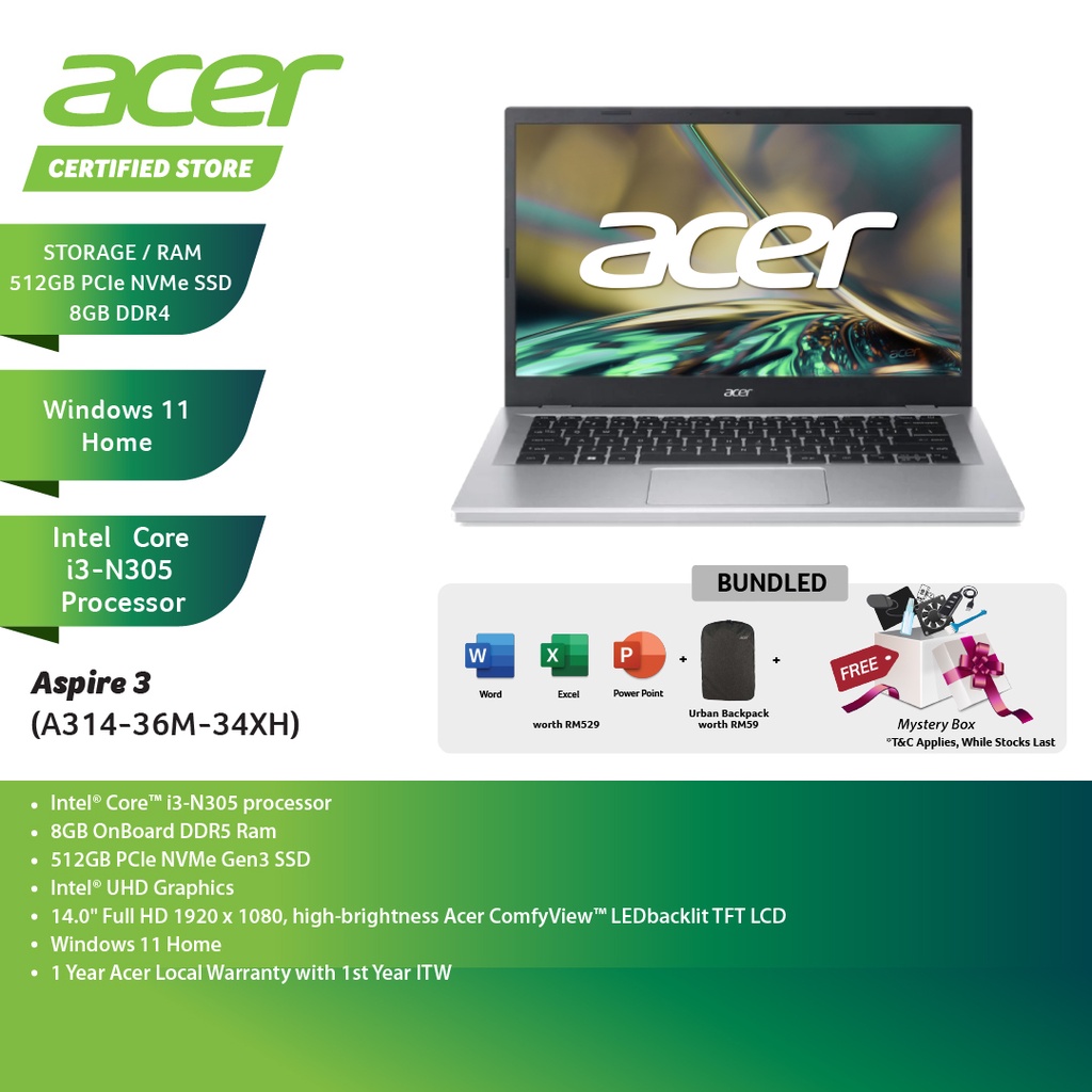 Acer Aspire 3 A314-36M-34XH 14'' FHD Laptop Pure Silver ( I3-N305, 8GB ...