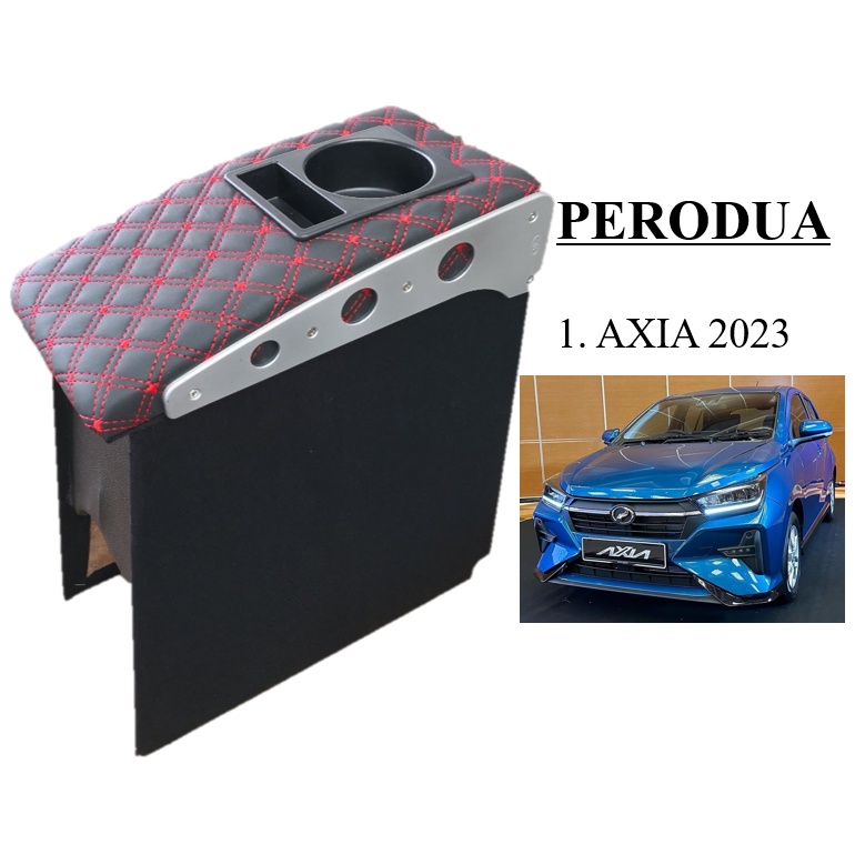 Perodua AXIA 2023 High Quality Armrest Console Box with Drink Holder PVC Red Line and Without
