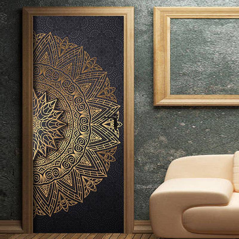 Custom Bohemian Mandala Pattern Door Sticker Mural Golden Yoga Living ...