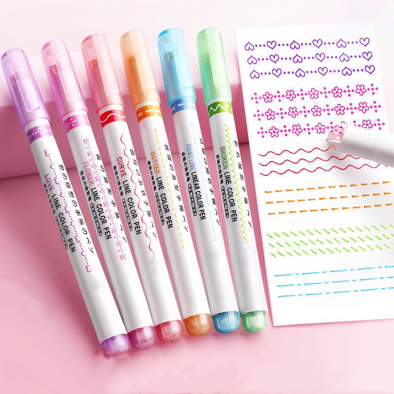 6pcs Line Shaped Highlighter Pen Multi Color Roller Tip Curve Liner