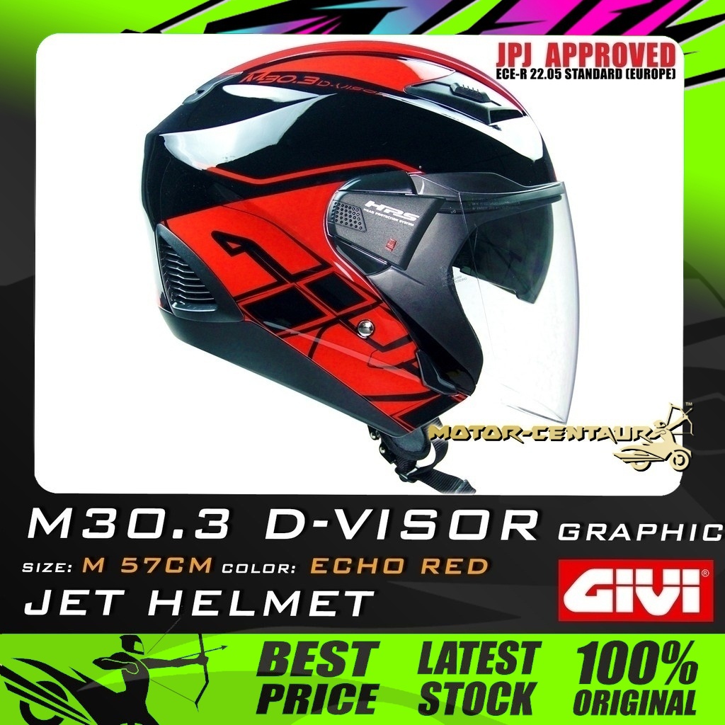 TOPI KELEDAR GIVI JET HELMET M30.3 DVISOR GRAPHIC ECHO RED SIZE M