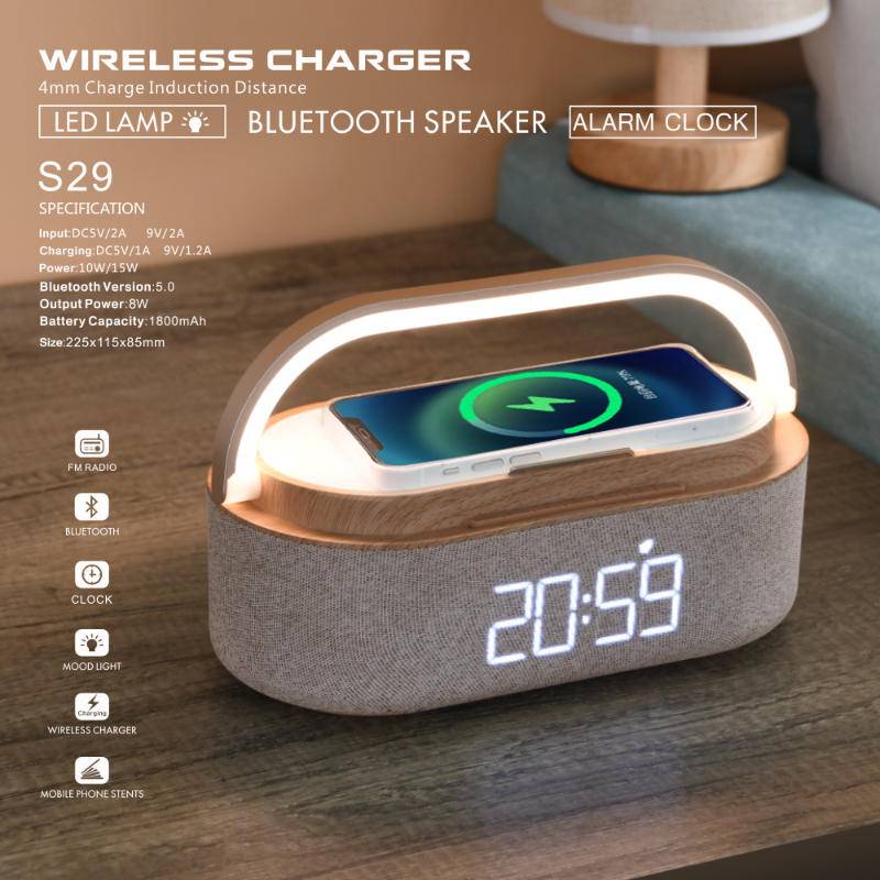 Wireless Charger Alarm Clock Bluetooth Speaker LED Smart Digital Clock