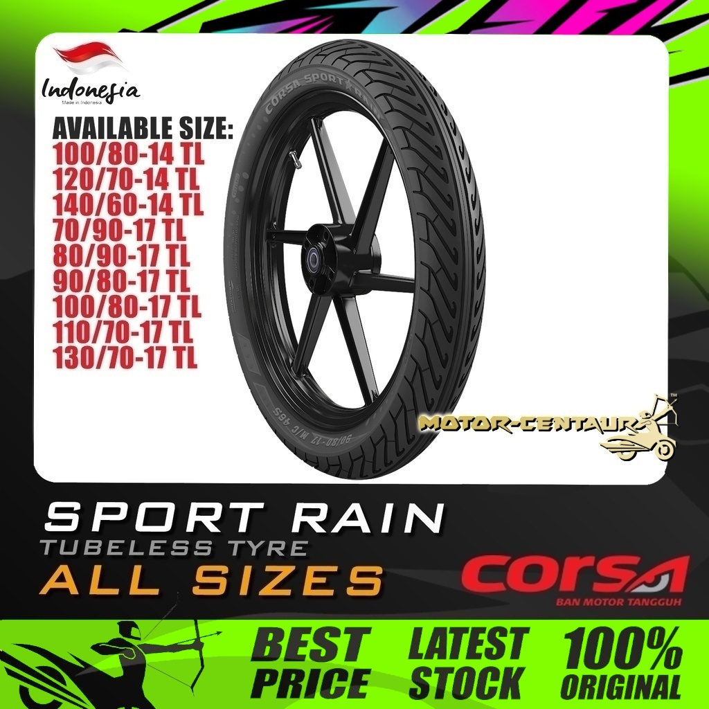 TAYAR MOTORSIKAL CORSA SPORT RAIN TUBELESS TYRE 60, 70 ,80 ,90 ,100
