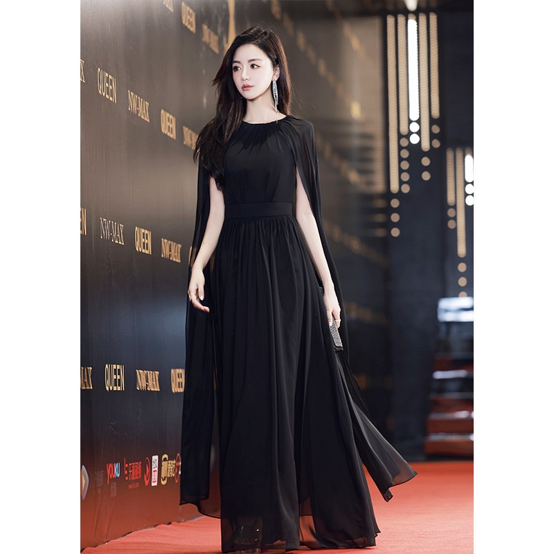 Elegant Black Banquet Evening Dress Light Luxury Long-sleeved Round Neck  Slim Mesh Dresses Annual Dinner Prom Gown | Shopee Malaysia