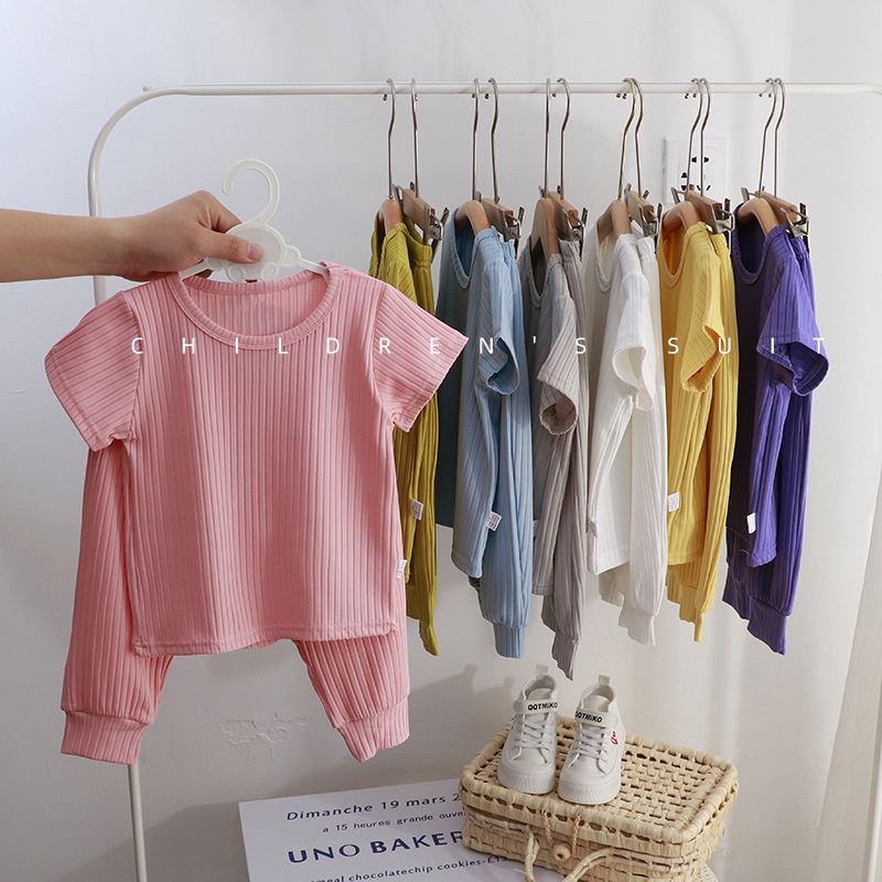 0-16Years Kids Pyjamas Vertical Grain Solid Color Soft Sleepwear Set ...