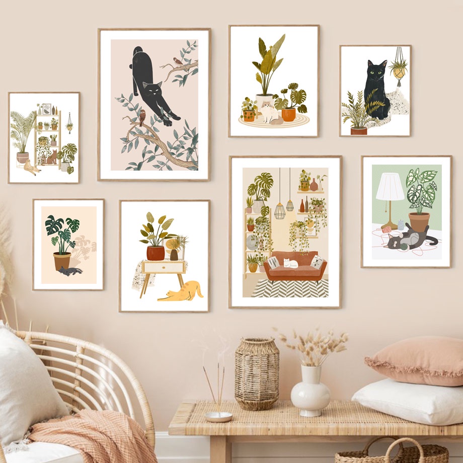 Boho Plants Garden Moon Laundry Cat Wall Art Canvas Painting Nordic ...