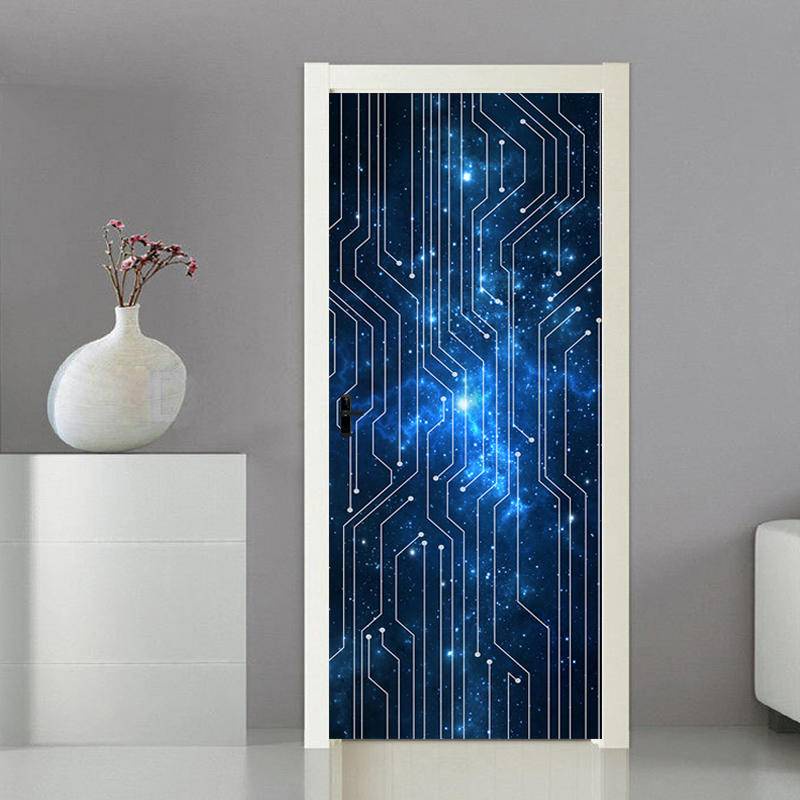 Custom Modern Technology Blue Lines 3D Door Stickers PVC Self-adhesive ...