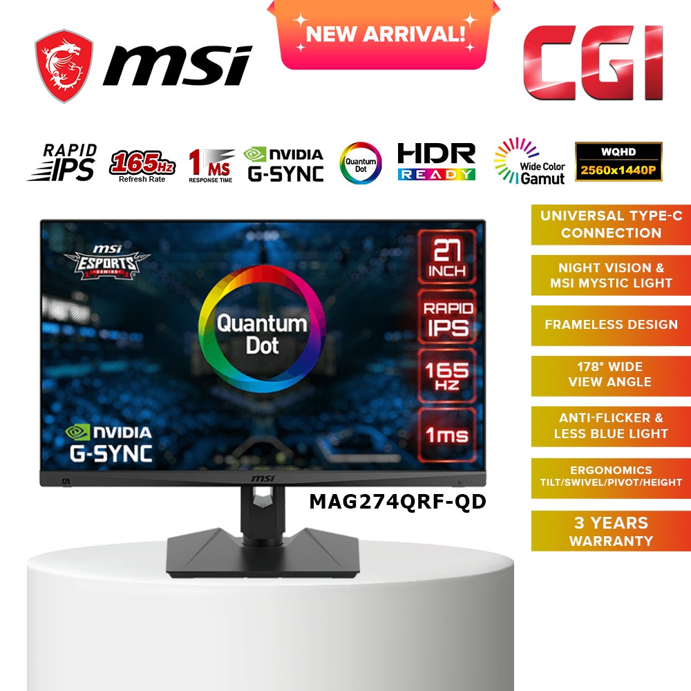MSI Optix 27" MAG274QRF-QD WQHD 1ms 165Hz G-Sync Gaming Monitor ...