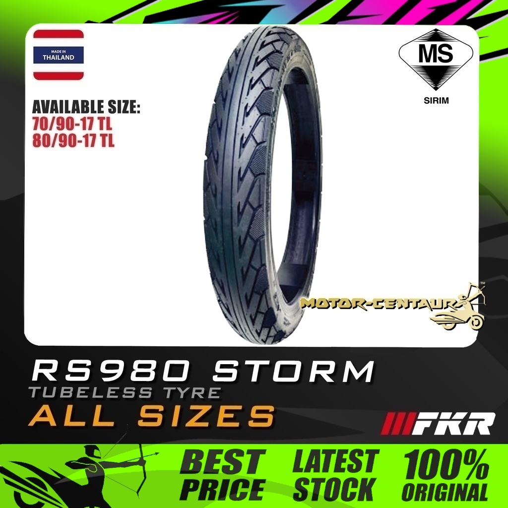 TAYAR MOTORSIKAL FKR RS980 STORM TUBELESS TYRE 70/9017, 80/9017