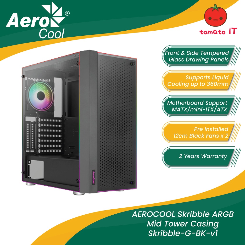 AEROCOOL Skribble ARGB Mid Tower Casing - SKRIBBLE-G-BK-v1 | Shopee ...