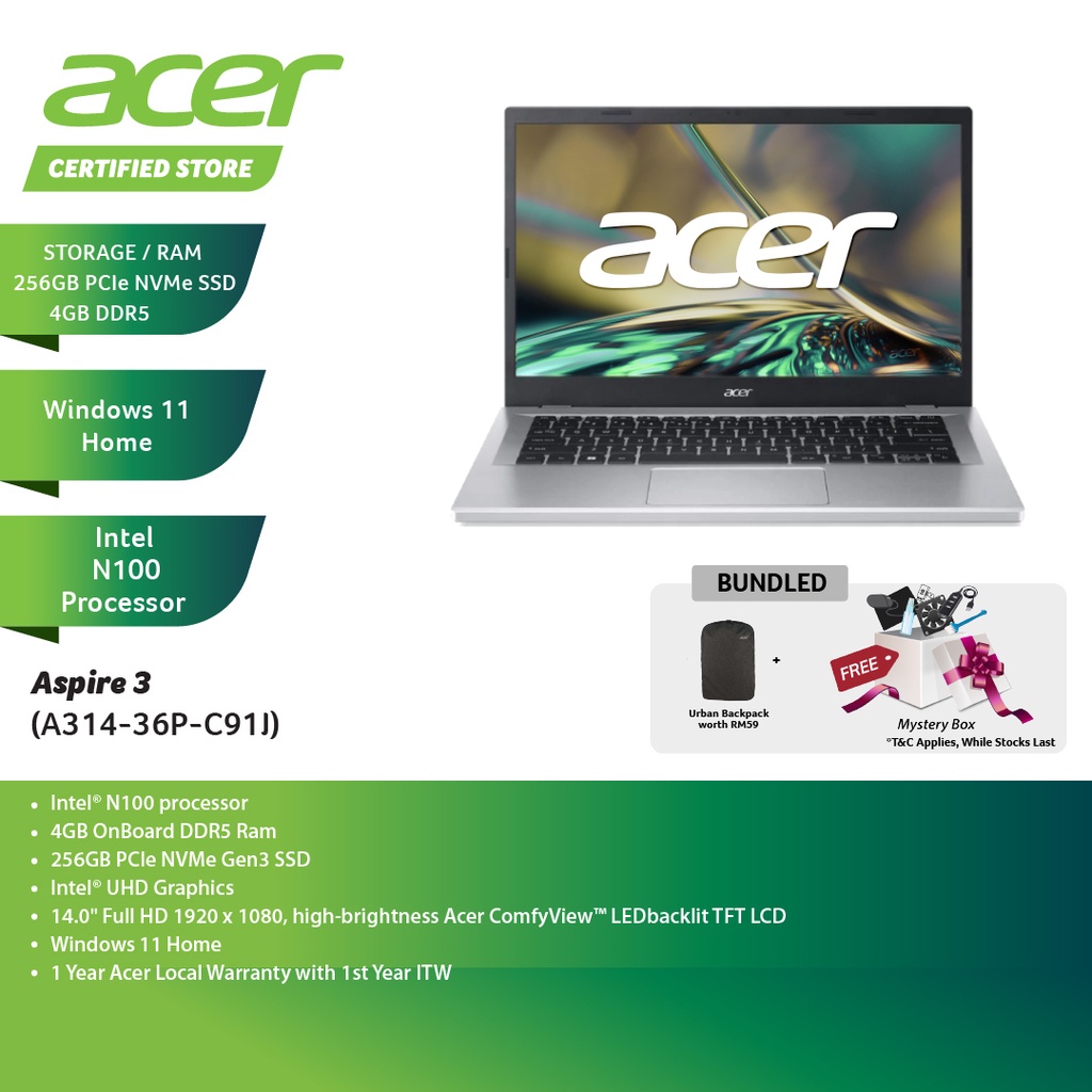 Acer Aspire 3 A314 36p C91j 14 Fhd Laptop Pure Silver N100 4gb 256gb Ssd Intel W11 3010