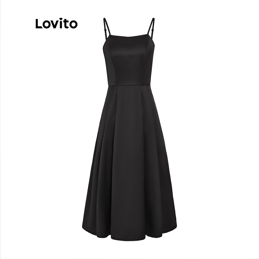 Lovito Casual Plain Square Neck Pleated Slip All Match Korean Style