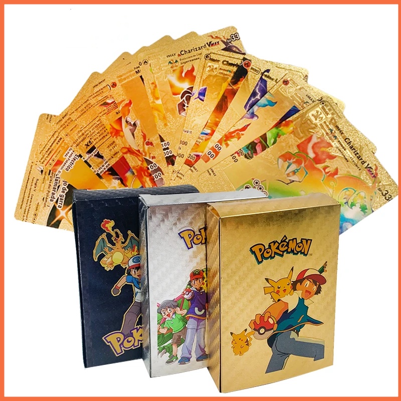 55PCS Metal Gold Silver Pokemon Cards English Version Pikachu Trainer ...