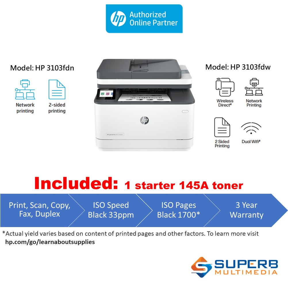 HP LaserJet Pro MFP 3103fdn network or 3103fdw wireless Printer (Print, scan, copy, fax, duplex