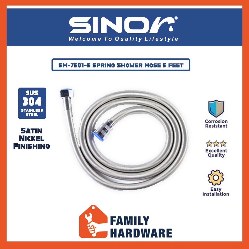 SINOR SH-7501-5 SUS304 Stainless Steel Spring Shower Hose 5 Feet sh7501 ...