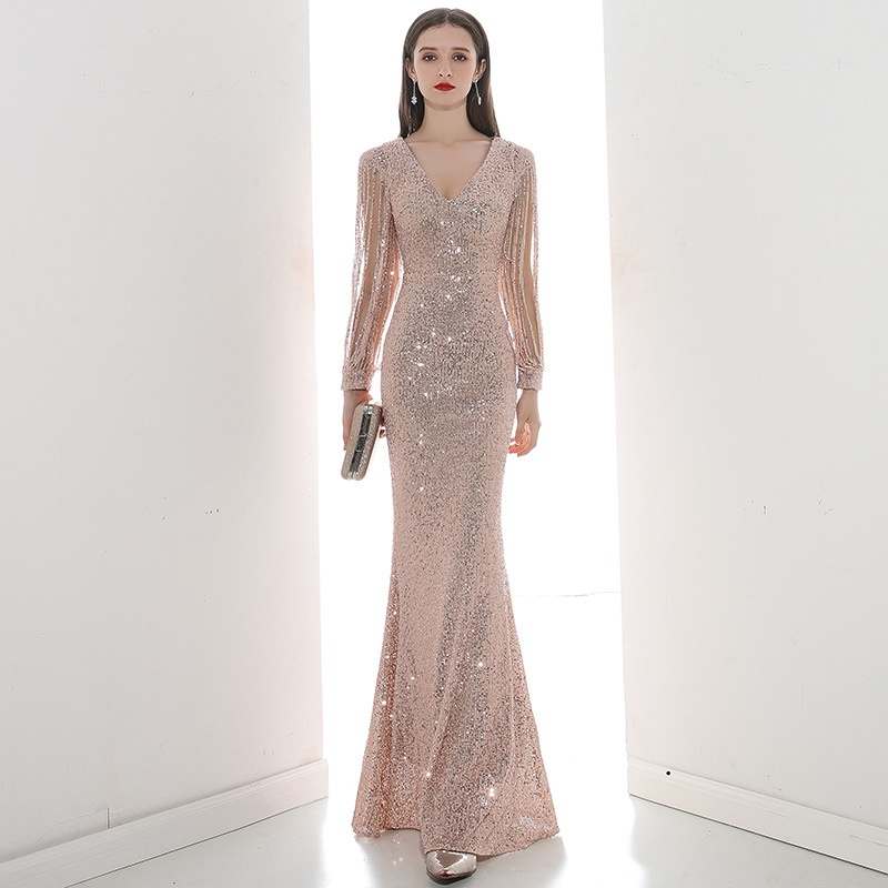 Champagne Sequin Banquet Evening Dress Temperament Beaded Long Sleeve V