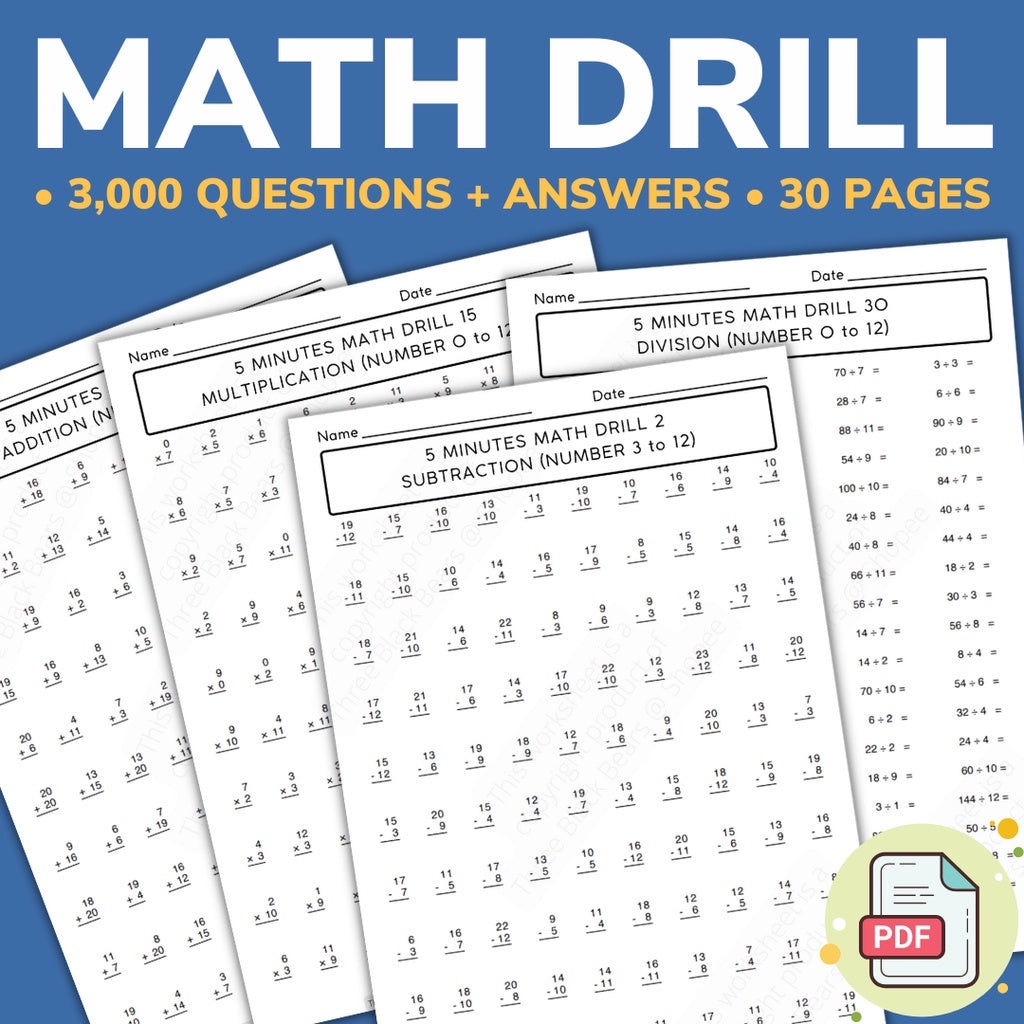 Printable Mathematics Drill Worksheets 3000 Questions + Answers