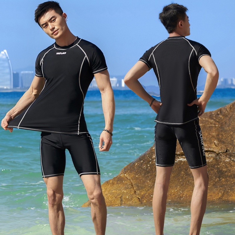 Plus Size Men's Two Piece Swimwear Fashion Conservative Short Sleeve ...