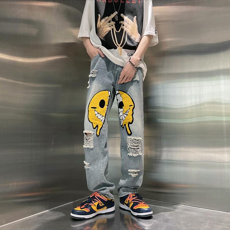 Casual Street Style Loose Fit Ripped Cotton Jeans, Men's Denim Pants For  Spring Fall