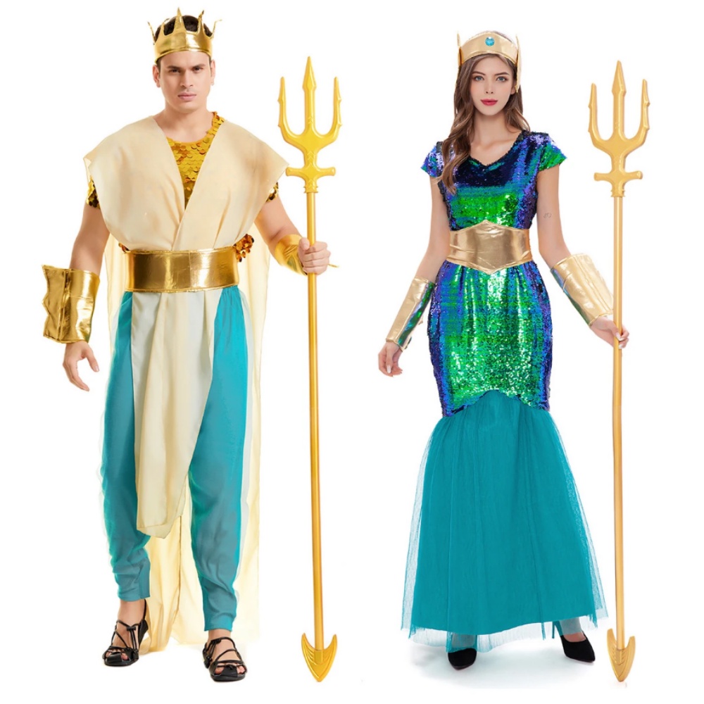 Women Sea Siren Mermaid Queen Costume Mens Poseidon Costumes Fantasia