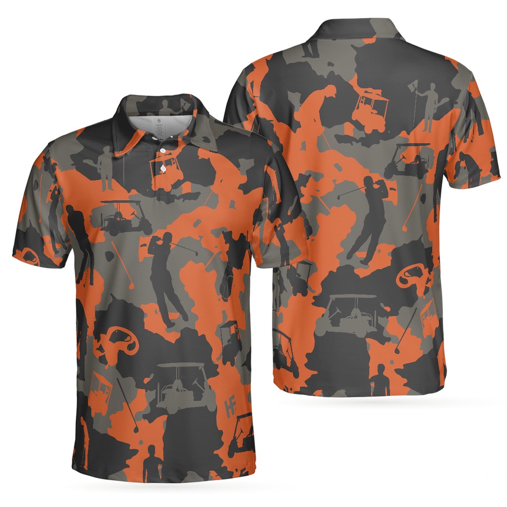 Orange Camouflage Golf Polo Shirt, Golfer Silhouette Pattern Polo Shirt ...