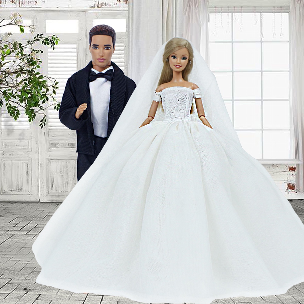 BJDBUS Fashion Wedding Doll Clothes Bride Dress with Veil Bridegroom ...