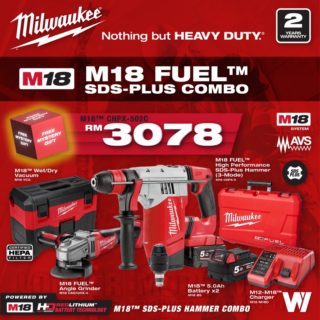 Milwaukee Combo M18 CHPX 502 FUEL High Performance SDS Plus Hammer 3 Mode Milwaukee D Hammer Combo Shopee Malaysia