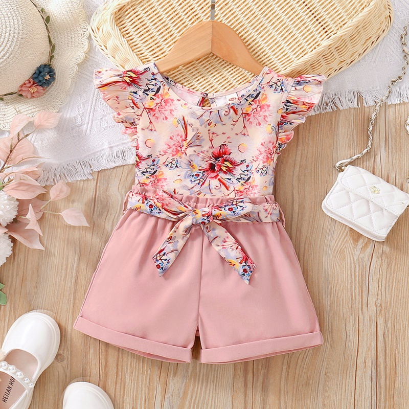 2Pcs Set Baju Budak Perempuan 1- 5 Tahun Baby Girl Fashion Floral Butterfly  Sleeve Blouse and Pink Shorts Summer Outfit Toddler Kids Clothing Suit Baju  Kanak Kanak Perempuan