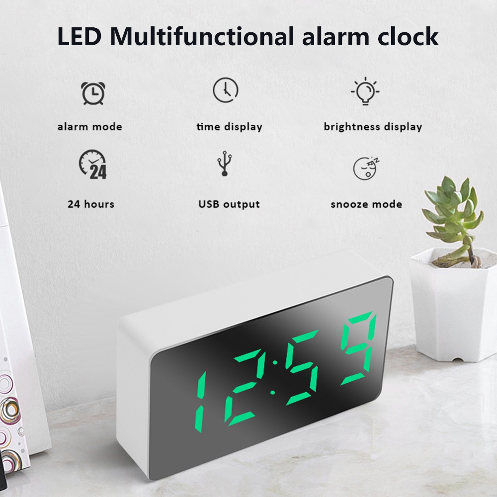 Digital Alarm Clock LED Mirror Electronic Clocks 12/24H USB Charging
