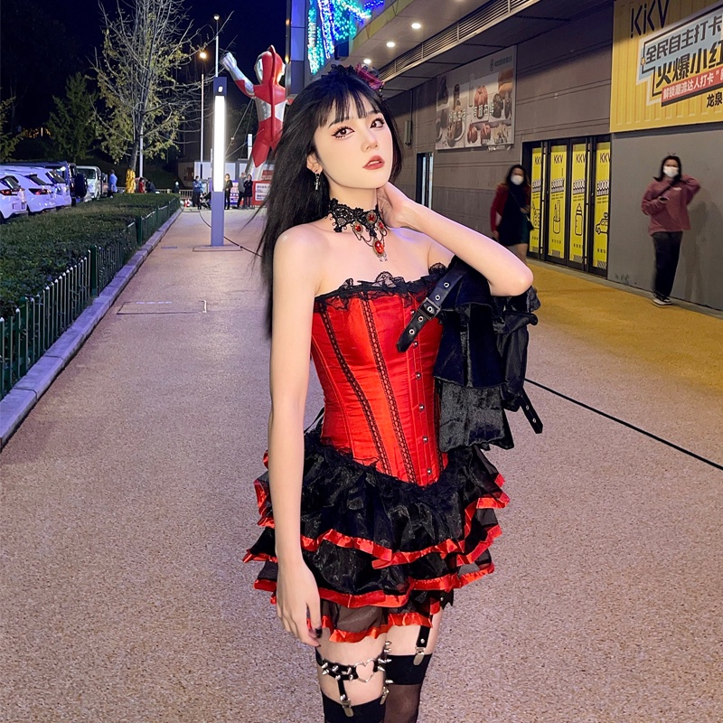 corset burlesque dress Stunning Satin and Rhinestone Ruby Red Burlesque Adult Costume Rent / Small