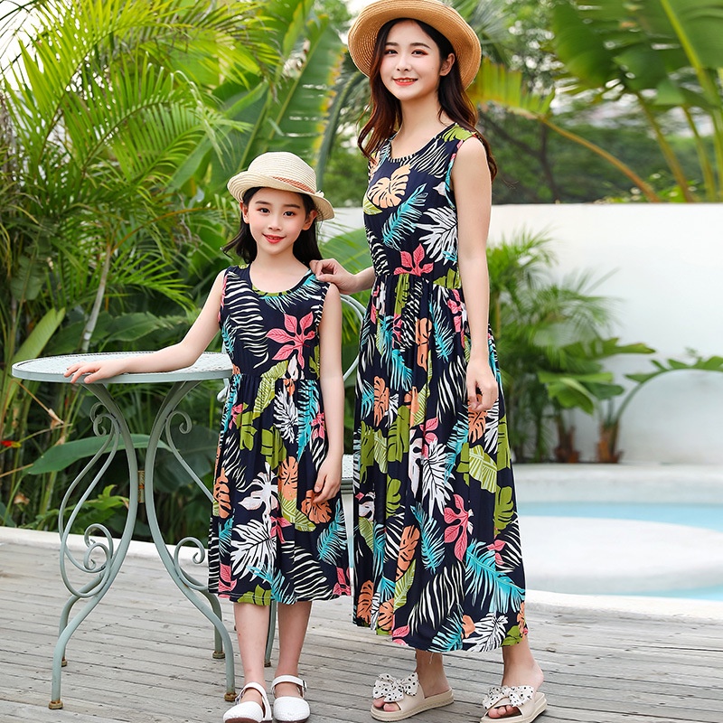 ZY] 110-XL Parent-Child Mother-Daughter Clothing Children Beach Dress  Fashion Loose Long Skirt Breathable Vest Baby Casual Princess