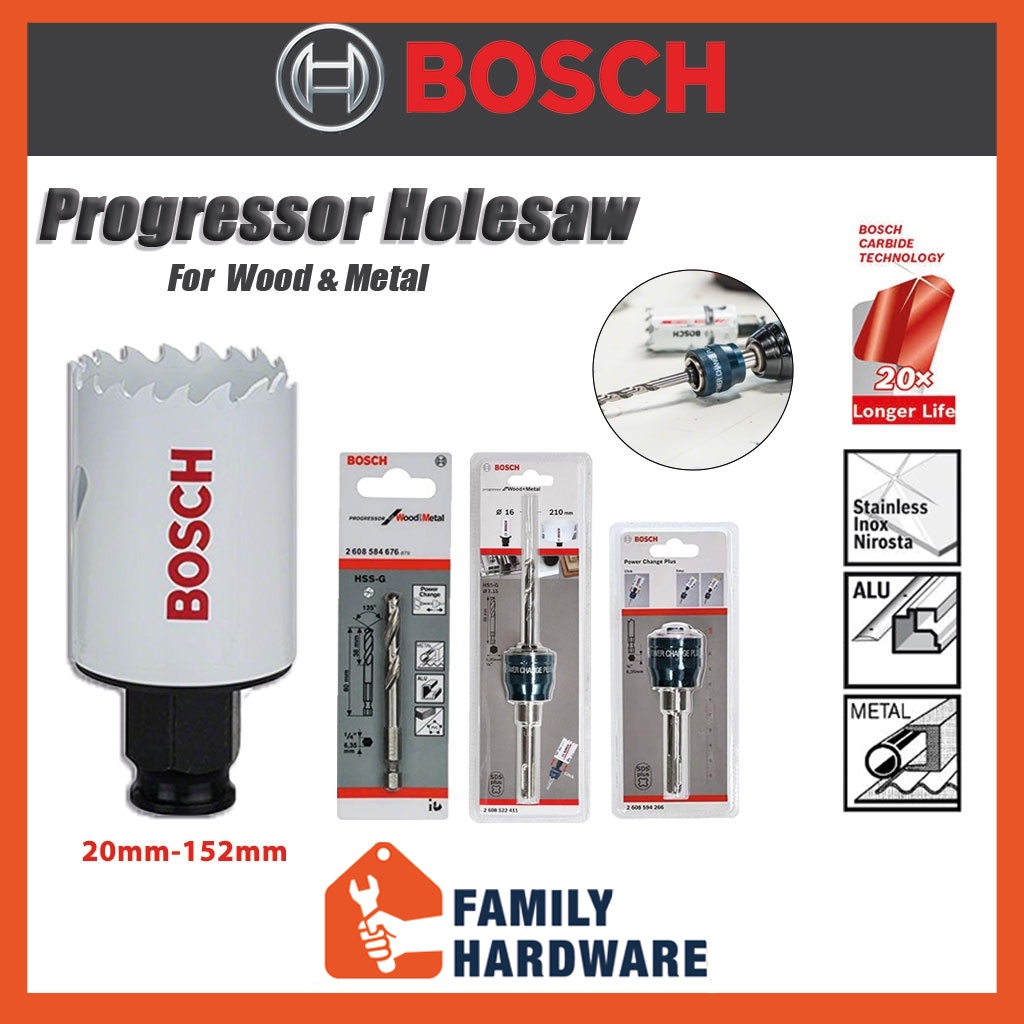 BOSCH Progressor Hole Saw For Wood & Metal HSSBiMetal Adaptor Pilot