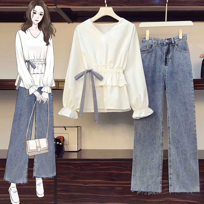 Plus Size Blouse Suit Women Slimmer Look Jeans WideLeg Pants TwoPiece