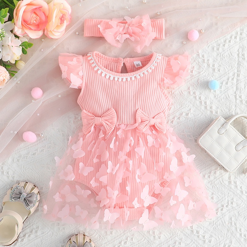 Set Dress Baby Girl Newborn 0-18 Months Birthday Baju Gaun Budak Perempuan  Summer Cute Cotton Pink Butterfly Sleeve Tulle Fashion Kids Princess  Dresses Kanak Kanak Perempuan