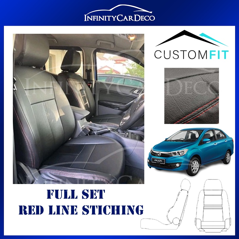 Perodua Bezza Black with Red Line Stitching Car Seat Cover PVC Leather ...