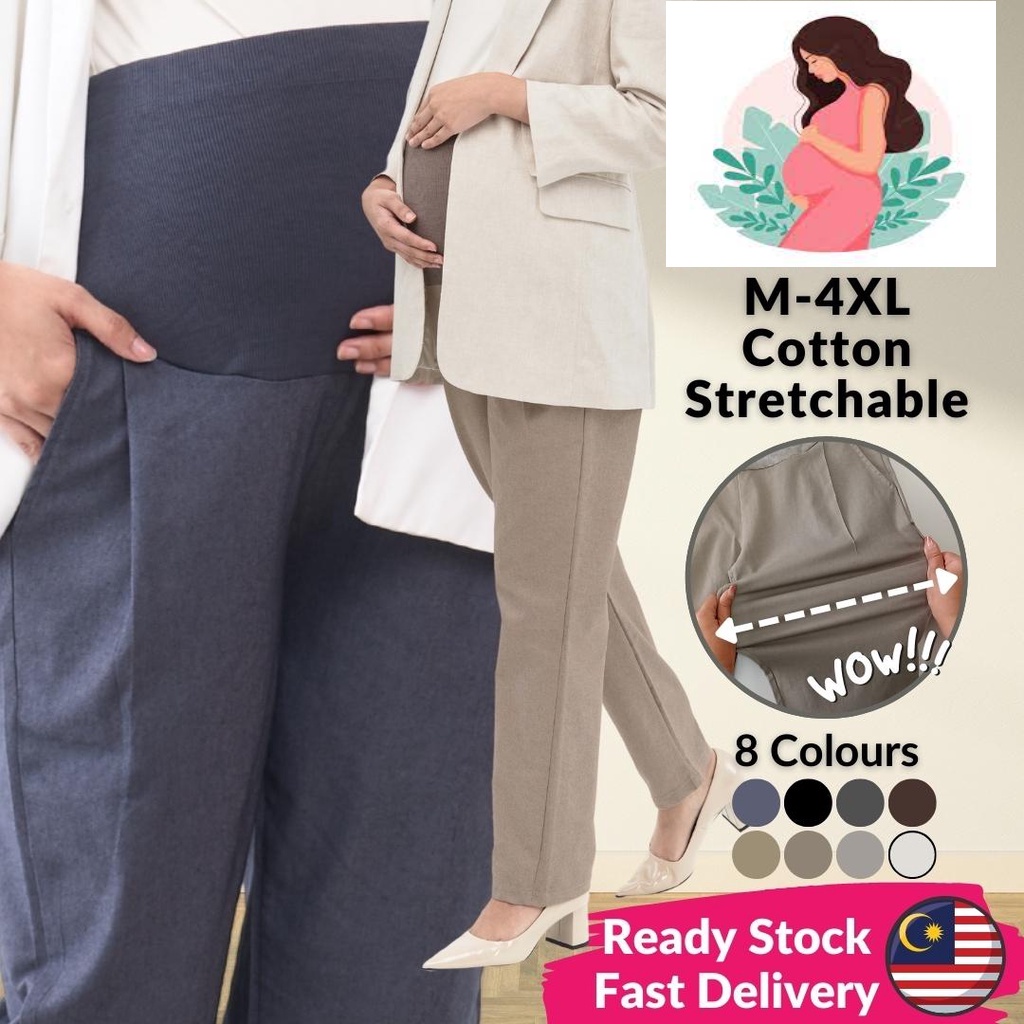 SummerGlitz Maternity One Pleat Cotton Straight Cut Stretchable Work Pants  Maternity Women I Seluar Mengandung Muslimah
