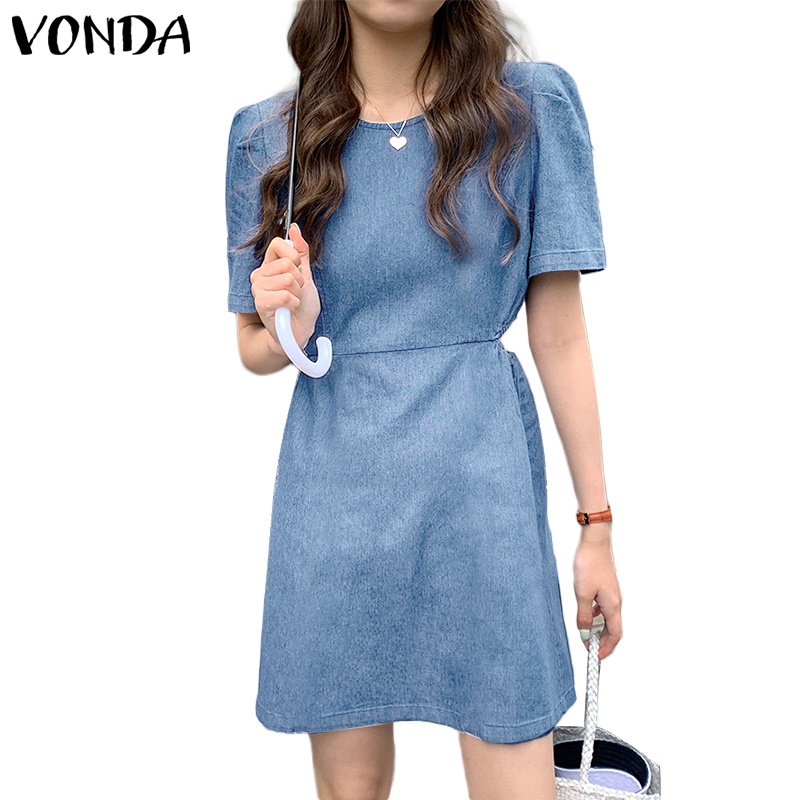 VONDA Women Korean Girls Simple Daily Round Neck Short Sleeve Denim ...