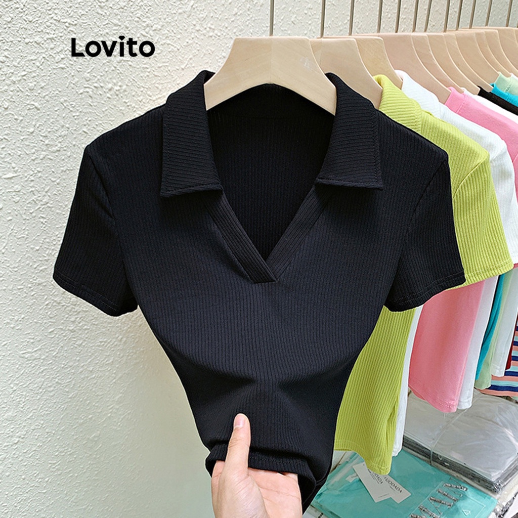 Lovito Casual Plain Short Sleeves Polo VNeck TShirt for Women