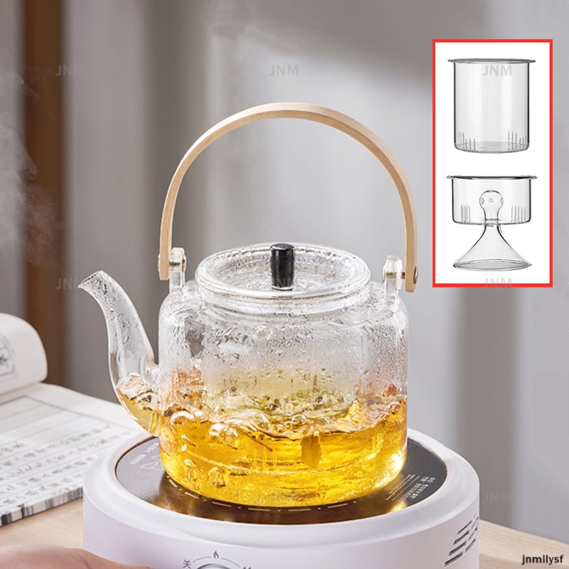 1100ml Glass Steaming Teapot Bamboo Handle Glass Tea Pot Boiling Kettle